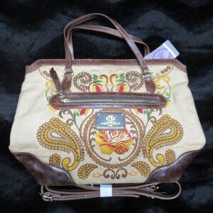 Embroidered Fabric with Leather Accents Sharif Handbag with Shoulder Strap